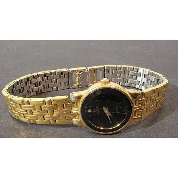 Elgin Gold Tone Stainless Steel Black Dial Face Watch EM178136 VX10 - Picture 7 of 9